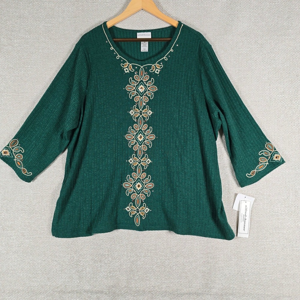Alfred Dunner Emerald Isle Green Ribbed Embroidered‎ Rhinestone Top 3X 70892 VH